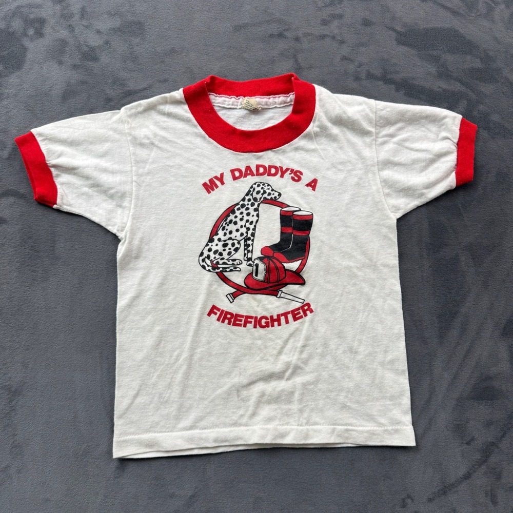 Vintage Screen Stars Kids Ringer Tee My Daddys A Firefighter White Red 6-8 USA